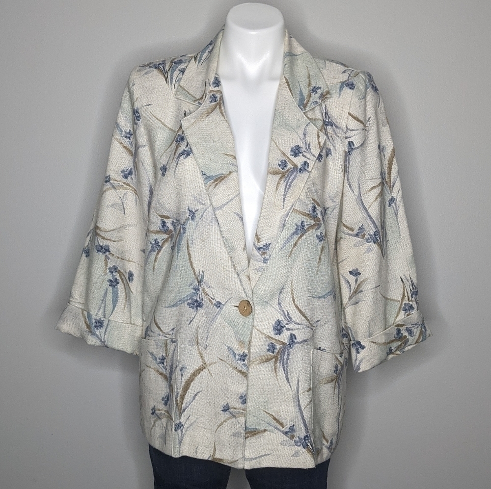 Vintage Alice Stuart cream blue floral single button blazer jacket S